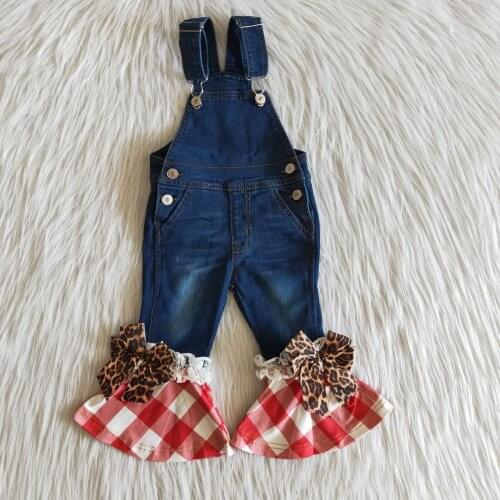 Promotion Jeans for Baby Girls Denim Overalls Red Checker Bell Bottom Leopard Bowknot