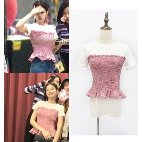 Kpop Korean Celebrity New Sweet Patchwork Short-Sleeve T shirt Loose Tees Women Streetwear Fashion Slim Round Collar Tshirt Tops