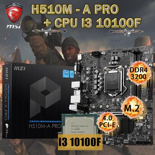 LGA 1200 Placa-mãe MSI H510M-A PRO + CPU Intel Core i3 10100F Set DDR4 64Gb M.2 PCI-E 4.0 Motherboard Combo VGA Desktop H510 New