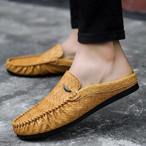 Half Shoes for Men Summer Backless Loafers Men Flats Mules Man Slip on Leather Slides Shoes Mens Driving Shoes Casual Slipper