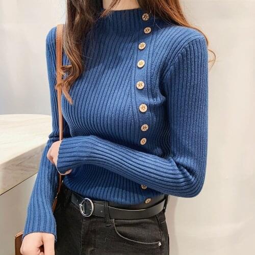 Pullover Button Half High Neck Sweater For Women Fall / Winter 2020 New Slim Long Sleeve Bottoming Casual Wn
