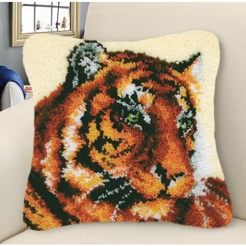 Pulaqi Tiger Lion Latch Hook Pillow Sets Forest Style Cushion Embroidered Crafts Latch Hook Rug Kits DIY for Needlework Stripe F
