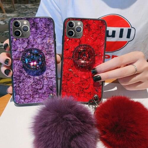 Luxury Diamond Cute Hair Ball Lanyard Bracket Soft Case For iphone 11 X XS XR pro MAX 7 8 6S plus 3D Bling Crystal Holder Cover