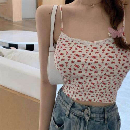 Floral Printed Spaghetti Strap Top Women White Cute Casual Sleeveless Camis Tops Tees Patchwork Lace Crop Top