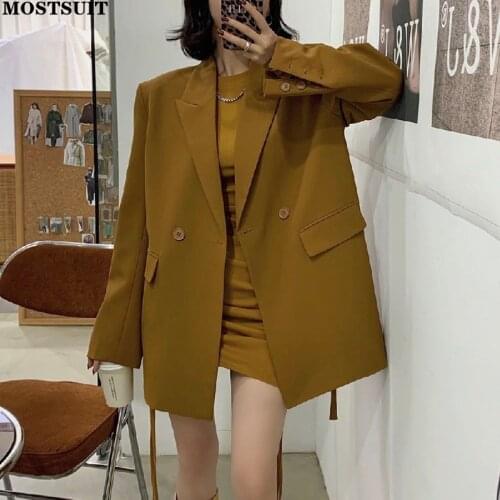 Chic Solid Loose Women Suit Blazer Jacket Full Sleeve Turn-down Collar Belted Tops Coat High Street Stylish Workwear Blazers