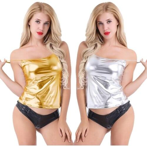 Women Summer Top Shiny Patent Leather Sleeveless Vest Top Metallic Yoga Dance Hip Hop Costume Stage Performance Clubwear Tanks