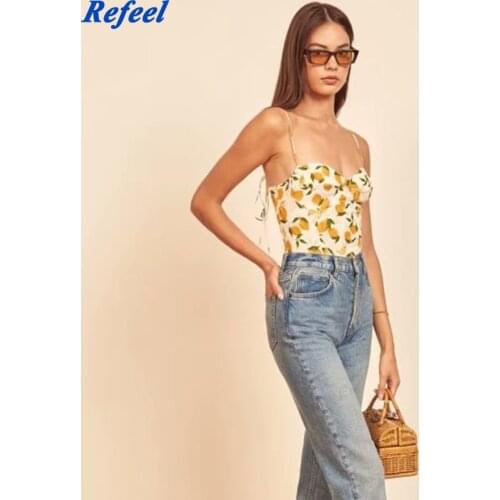 Vintage Lemon Print Slim Women Top Adjust Spaghetti Straps Women Camis Fashion Yellow Women Tank Top