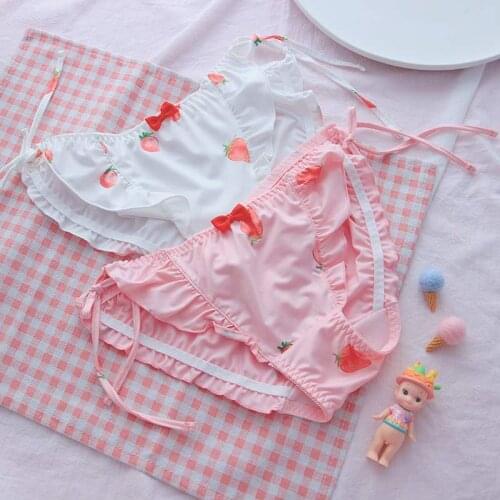Women Underwear Super Cute Kawaii Strawberry Print Super Soft Milk Silk Ice Silk Girl Lace-up Briefs Pink Panties