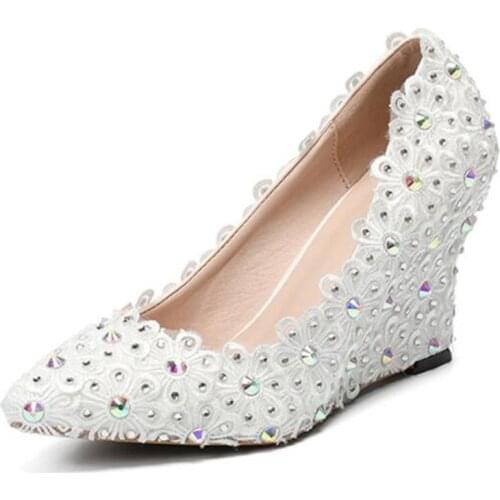 Women Pumps Brand Wedges High Heels White Sequined Cloth Slip On 8CM Pointed Toe Dress Office & Career Party Wedding Women Shoes