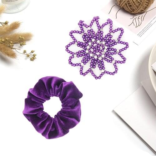 Pack of 2PC Candy Colors Bun Cover Pearl Rhinestone Hair Net Ballet Dance Elastic Hair Bands for Fashion Woman Girl Accessoires