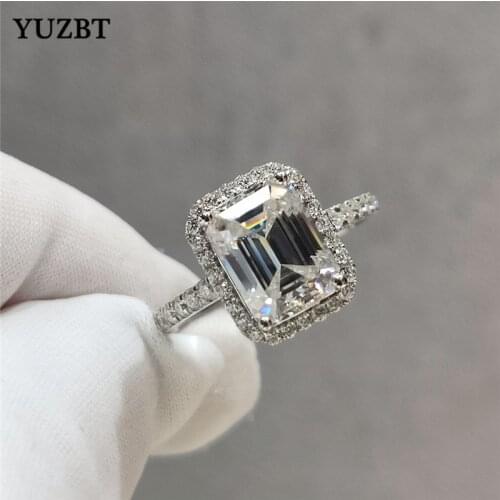 YUZBT Women 925 Silver 2 Carat 6.5*8.5mm Gemstone Ring Emerald Cut Diamond Test Past D Color Moissanite Wedding Ring for Women