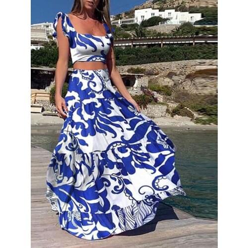 2021 summer new fashion matching suit printed bohemian sexy beach skirt suit 2-piece suit womens short top + high waist long sk