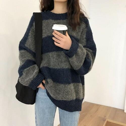 Women Stripe Sweater Winter O-Neck Knitted Pullovers Oversize Vintage Sweater Streetwear Loose Thicken Jumpers Pull Femme