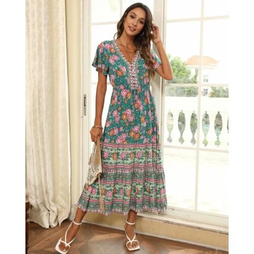 Happie Queens women Floral print beach Bohemian maxi dresses Ladies V neck front botton rayon Boho pleated Sundress vestidos