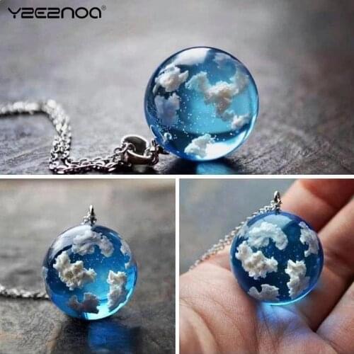 1pcs Blue Sky White Cloud Chain Necklace Resin Ball Moon Pendant Necklace Jewelry