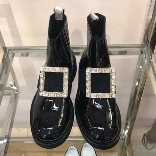 2020 Autumn Martin Boots Female New Square Buckle Rhinestone Boots Womens Elastic Flat Motorcycle Boots