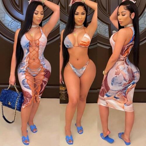 Echoine 3pcs Summer Beach Bikini Swimsuit Sets Printed Hollow Out Lace Up Midi Dress Sleeveless Sexy Bandage Matching Set Swim