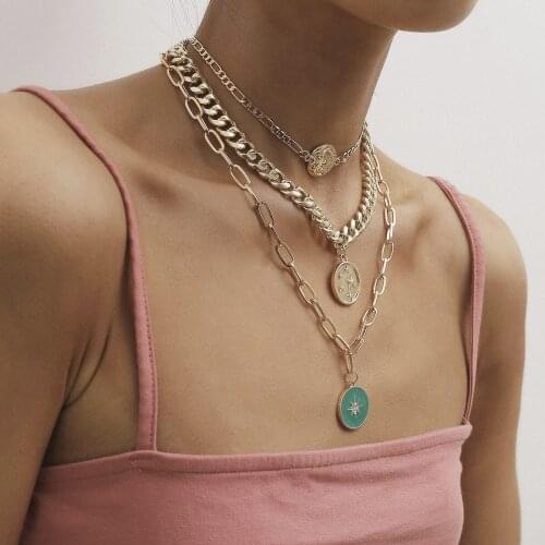 Coin Portrait Tag Pendant Thickness Multilayer Chain Fashion Jewelry Choker Necklaces Set Womens Neck Chain