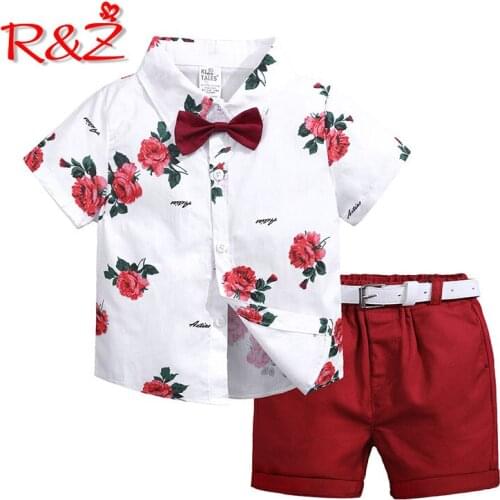 R&Z Childrens Set 2019 Summer New Boys Europe and America Large Children Print Shirt Casual Shorts Belt Three-piece