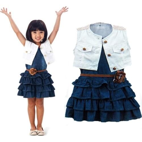 Summer New Girls Fashion Children Sleeveless Denim Dress + Vest Suit 2 Pcs Cothing For Girls Kids Clothing Vestidos