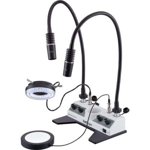 AmScope LED Illuminator Set with Ring Light Two UV-395 Light Gooseneck Lamps + Base Plate LED-312W-2GOP-PB-UV395