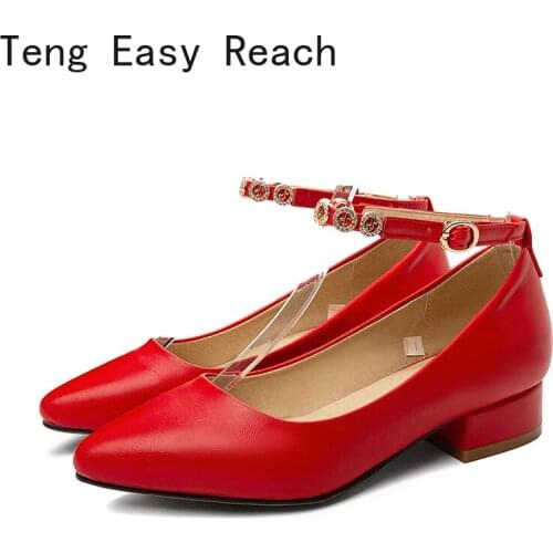 Fashion Pointed Toe Square Low Heel High Heels Elegant Rhinestone Buckle Soft Leather Party Dress Shoes Female Pumps