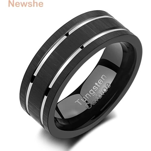 Newshe Black Wedding Bands for Men Tungsten Carbide Rings Silver Color Grooved Line Matte Brushed Size 8-13 TRX075