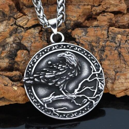 Men Nordic viking Odin Raven Knot Stainlee Steel amulet Talisman necklace with viking gift bag
