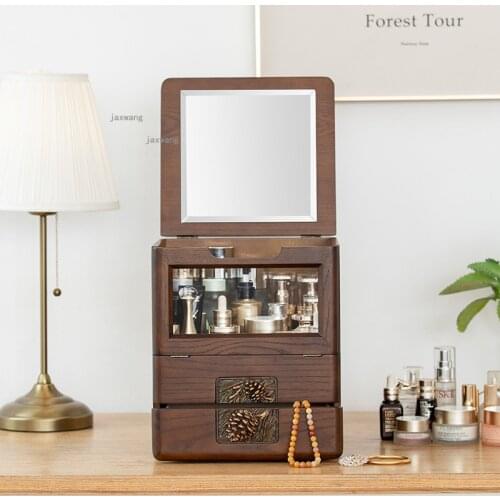 Desktop Dust-proof Cosmetic Storage Boxes Wooden Lipstick Perfume Mask Holder Household Dressing Table Jewelry Shelf with Mirror