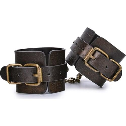 Genuine Leather Retro handcuff lock with chain Bondage hand lead lock BDSM Restraint Exotic slave Sex Toy for male female couple