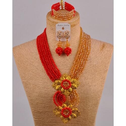 Delicate charming beaded jewelry opaque red champagne gold AB women nigerian wedding african beads jewelry set 6CHL