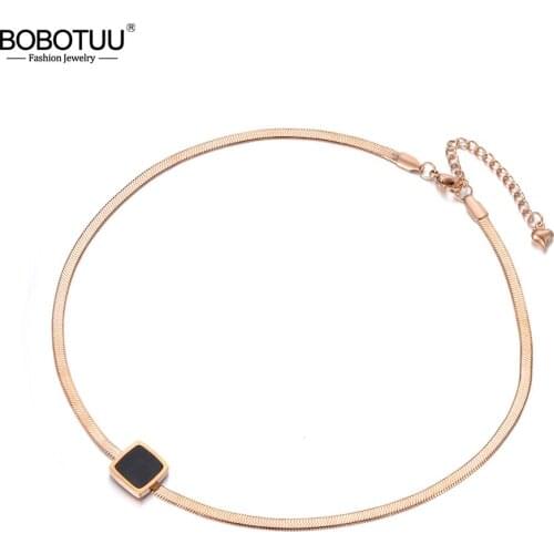 BOBOTUU New Arrival Sample Jewelry Titanium Steel Snake Chain Thin Necklace Rose Gold Color With Square Black Bbsidian BN18067