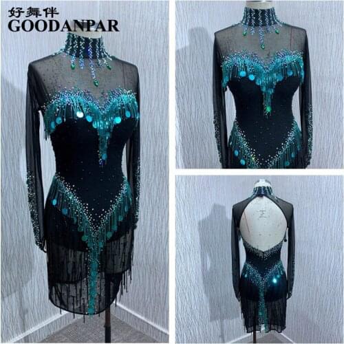 Latin dance dress for Adult black latin dress high collar Latin dance costume big open back beads tube fringes sheer mesh fabric