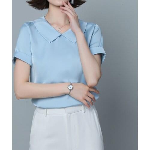 QOERLIN Silk Shirts Womens Summer Blouses 2021 Plus Size Tops Elegant Woman Top Solid Pink Blouse Office Ladies Short Sleeve