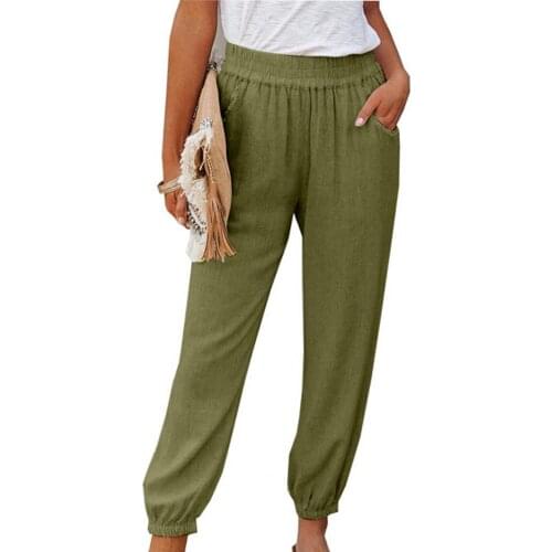 Plus Size Ninth Pants High Waist Ankle Tied Casual Women Elastic Waistband Pockets Ankle Length Trousers for Spring/Summer 2021