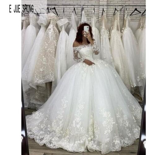 E JUE SHUNG Luxury Appliques Wedding Dresses Off The Shoulder Long Sleeves Ball Gown Bridal Dresses White Tulle Wedding Gowns