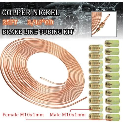 25ft 7.62m Roll Tube Coil of 3/16" OD Copper Nickel Brake Pipe Anti-rust Hose Line Piping Tube Tubing With 16PCS Tube Nuts