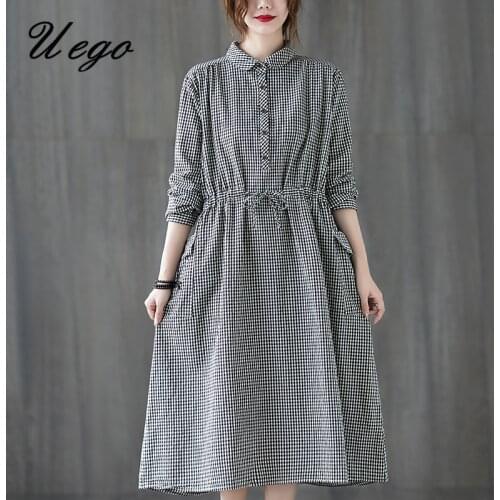 Uego Turn-down Collar Plaid Fashion Shirt Blouse Dress Linen Cotton Slim Women Casual Dress Long Sleeve Autumn Spring Midi Dress