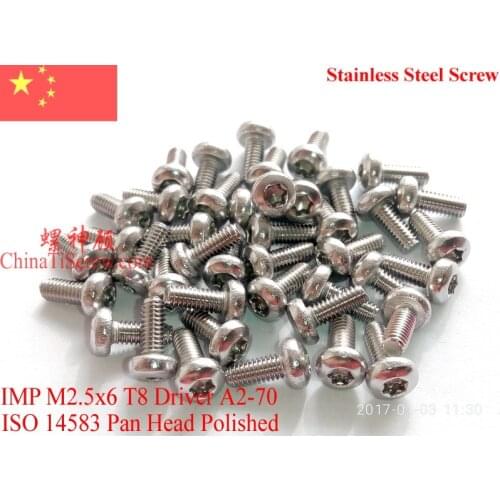 ISO 14583 Stainless Steel Screws M2.5x6 Pan Head Torx T8 A2-70 Polished ROHS 100 pcs