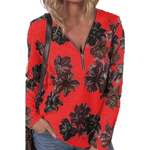 Casual Blouse Womens Lady Long Sleeve Casual V-neck Zipper Floral Print Autumn Loose T-shirt Pullover Tops Shirts Tee Tunics