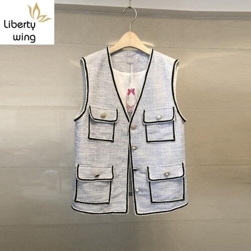 European Spring Summer Ladies Sleeveless Weaving Panelled Tweed Vests Fashion Single Breasted V-Neck Slim Womens Waistcoats