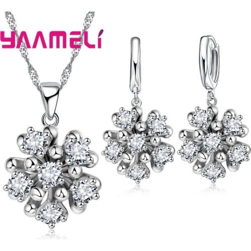 925 Sterling Silver Necklace&Earrings Set Romantic Luxury Style Colorful/White Flower Shape Crystal Column For Women