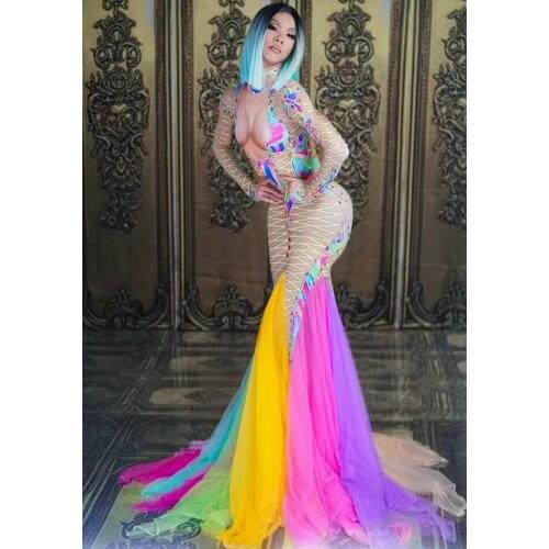 Colorful Mesh Tail Dress Women Sexy Stage Wear Stretch One-piece Rhinestone Long Dress Singer Evening Performance Party Dresses