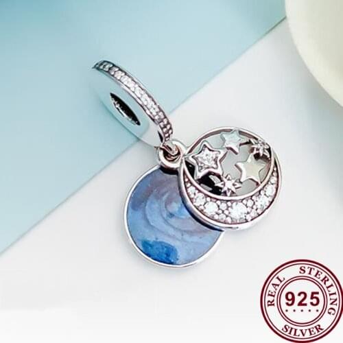 100% 925 Sterling Silver Charm Retro Blue Star Moon Pendant Fit Pandora Women Bracelet & Necklace Diy Jewelry