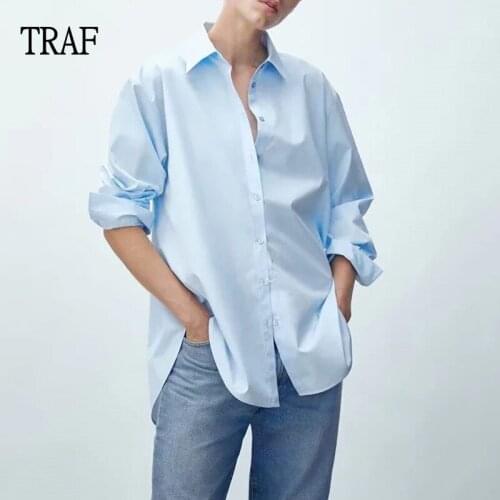 TRAF Za Women Blue Shirt 2021 Autumn Office Women Oversize Shirt Women Solid Color Long Sleeve Top Plus Size Elegant Blouses