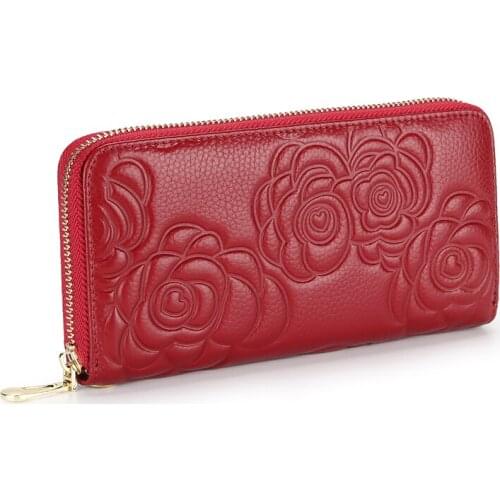 Womens Long Wallet Cow Leather Wallet Female Purses Flower Coin Purse Card Holder Wallets Female Leather Clutch Money Bag