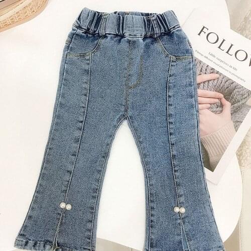 Denim Pants with Pearl 2021 Spring Autumn Bottom Elastic Waist Long Trousers Boot Cut Pants for Kids Elastic Waist Jeans