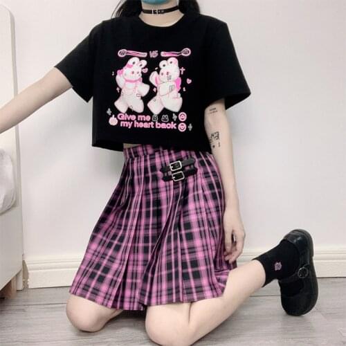 Japanese Gothic Rabbit Cartoon Tees Ulzzang Short Sleeve Casual punk Harajuku Tees Top Female Plus Size Vintage Kawaii T-shirt