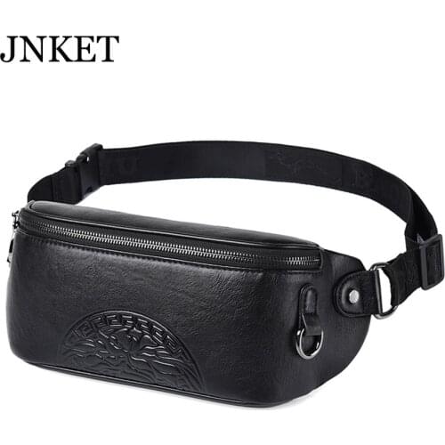 JNKET New Fashion Mens Cow Leather Waist Bag Earphone Hole Waist Pack Shoulder Bag Multifunctional Waist Pouch Messenger Bags