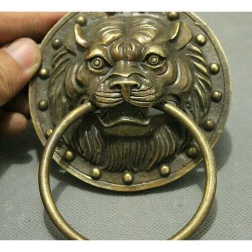 Chinese Bronze Copper Collect Lion Head Mask Statue Gate Door Knocker